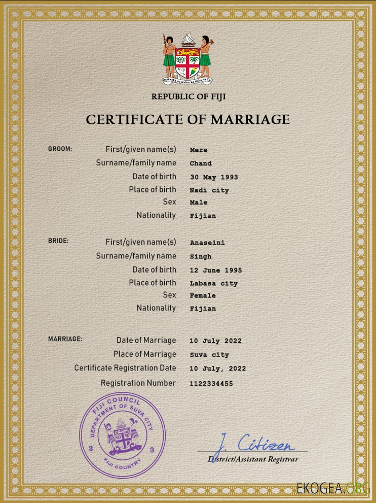 Modèle PSD de certificat de mariage des Fidji